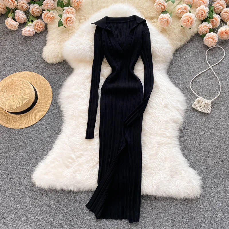 SINGREINY Women Korean Knitted Dress Long Sleeve V Neck Elastic Slim Pencil Dresses 2021 Autumn Sexy Bodycon Split Sweater Dress