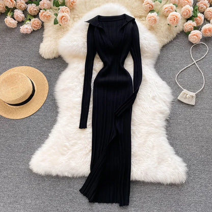 SINGREINY Women Korean Knitted Dress Long Sleeve V Neck Elastic Slim Pencil Dresses 2021 Autumn Sexy Bodycon Split Sweater Dress