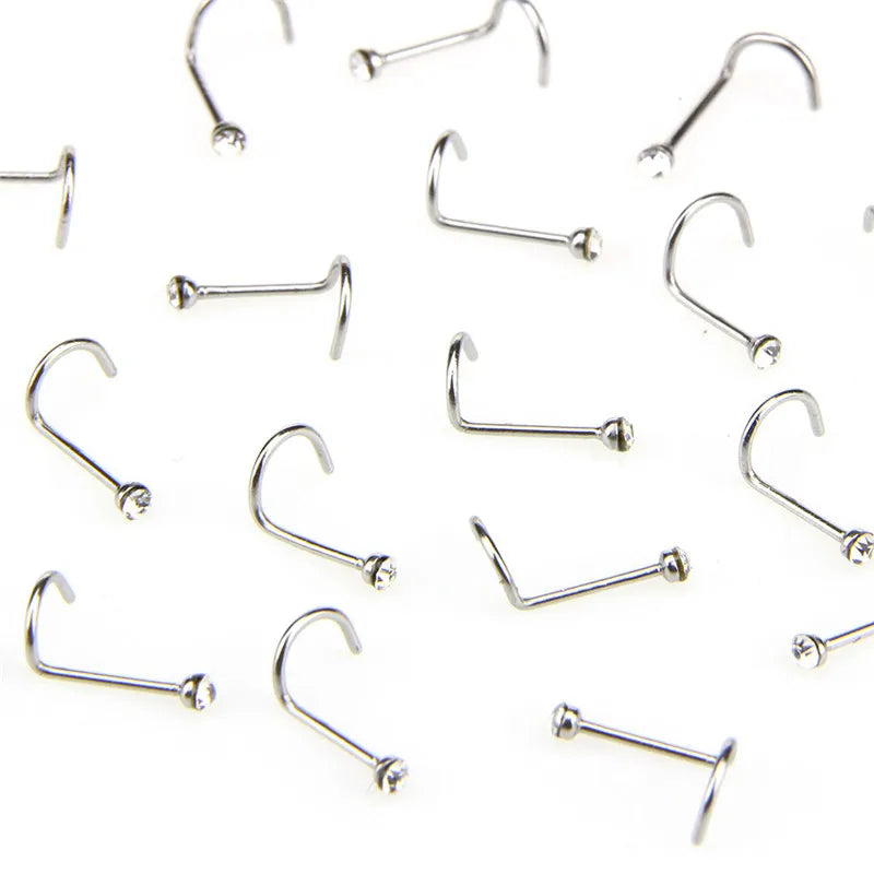 20pcs/lot Stainless Steel Crystal Rhinestone Nose Studs Hooks Bar Pin Nose Rings Body Piercing Jewelry For Women