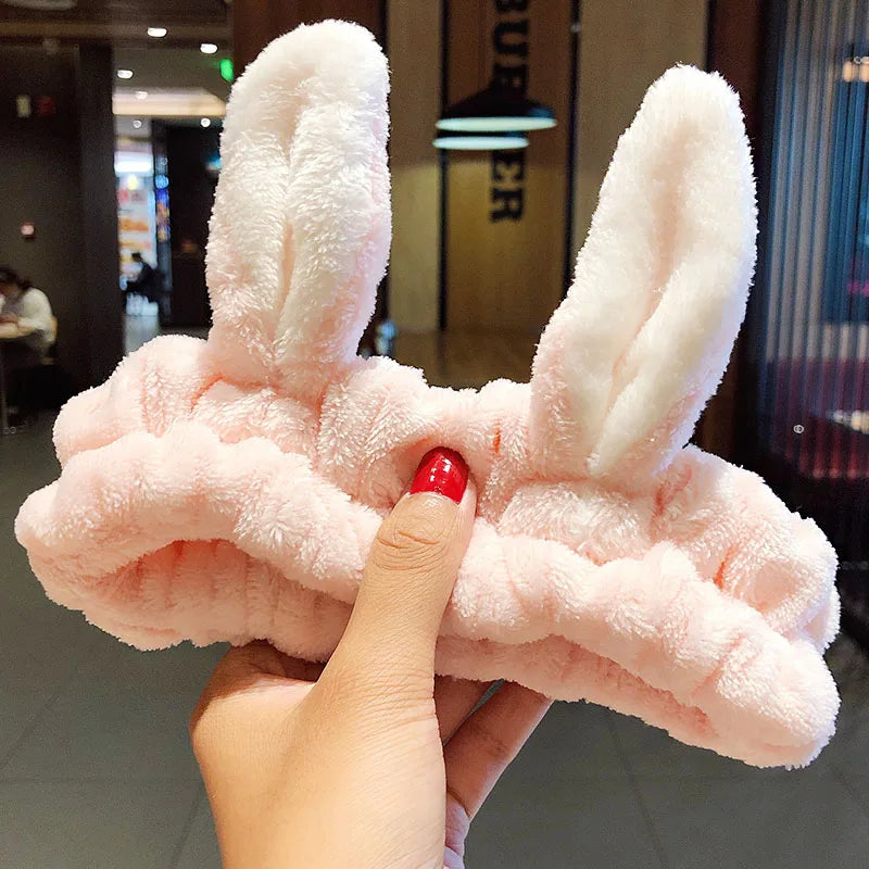 Wash Face Hair Holder Hairbands Soft Warm Coral Fleece Bow Animal Ears Headband For Women Girls Turban Fashion Hair Accessories light pink rabbit
