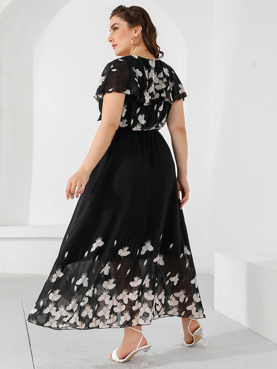 Plus Size Casual Women's Dresses 2024 Summer Ruffles V Neck Short Sleeve Floral Maxi Long Dress Black Chiffon Boho Beach Dresses