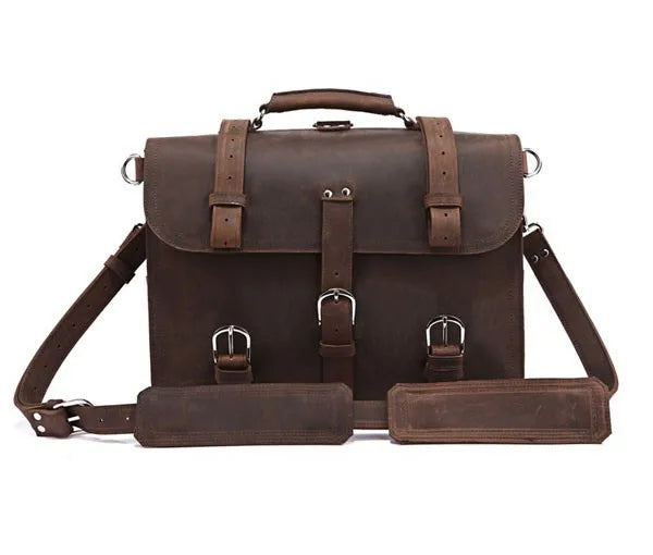 Vintage Crazy Horse Genuine Leather Men Briefcase Business Bag Large Leather Briefcase Male 15.6"Laptop Case Shoulder Bag office