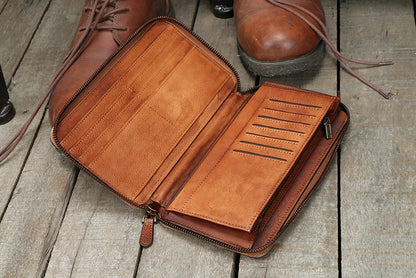 Vintage Genuine leather wallet Men leather long wallet men purse clutch bag male money clips zip around money bag card holder