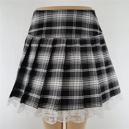 New Contrast Lace Plaid Pleated Skirt Vintage Sexy Skater Clothes Harajuku Gothic Punk England Style Y2k Skirt