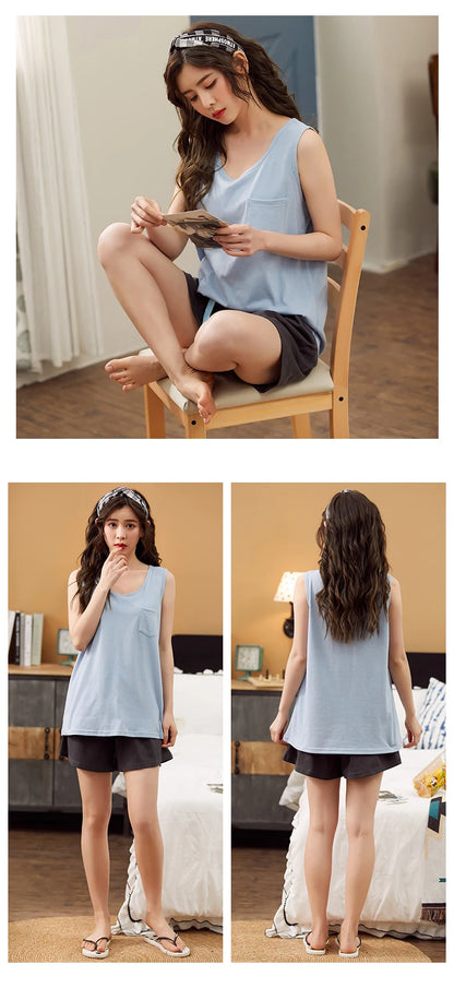 Women Pajamas Set Summer Sexy Sleepwear Sleeveless Lingerie Cotton O-Neck Pure Color Vest + Print Shorts 2 Piece Sets 4XL пижама