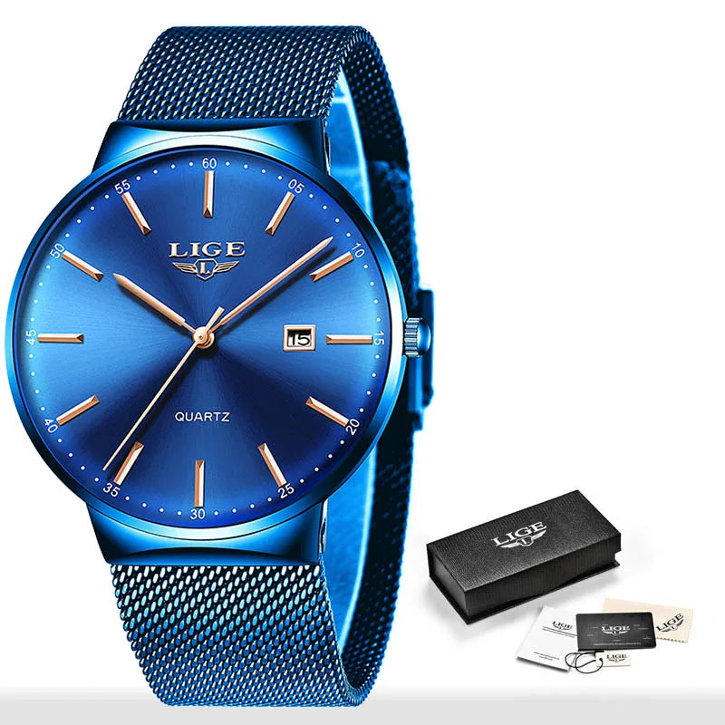 LIGE Fashion Luxury Womens Watch Ultra-thin Steel Mesh Strap Quartz Wristwatch Women Clock Casual Waterproof Watches Reloj Mujer blue gold CHINA