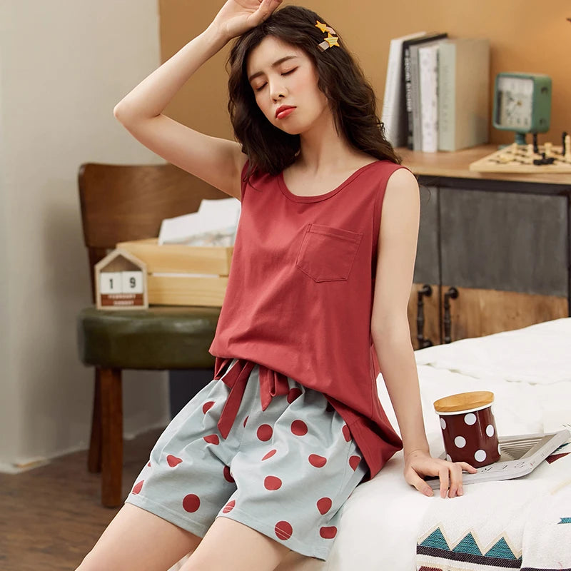 Women Pajamas Set Summer Sexy Sleepwear Sleeveless Lingerie Cotton O-Neck Pure Color Vest + Print Shorts 2 Piece Sets 4XL пижама