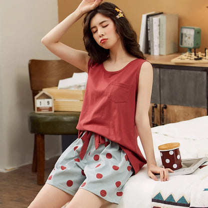 Women Pajamas Set Summer Sexy Sleepwear Sleeveless Lingerie Cotton O-Neck Pure Color Vest + Print Shorts 2 Piece Sets 4XL пижама