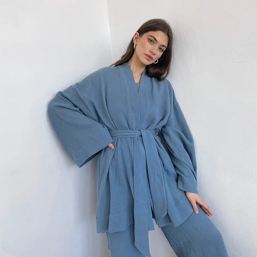 NHKDSASA Kimono Pajamas 2023 New 100% Cotton Crepe Long-Sleeved Trousers Ladies Sleepwear Suit Women's Home Service Mujer