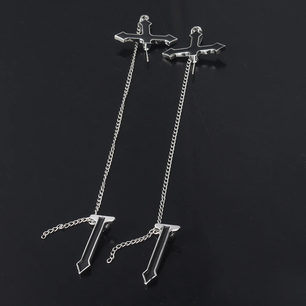 2Pcs Vintage Black Cross Earrings Punk Goth Long Chain Harajuku Streetwear Unisex Stud Earrings For Women Men Korean Jewelry Badiee Stylez