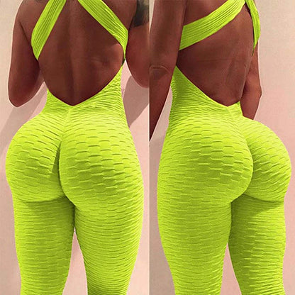 2024 Women's Sports Suit Sleeveless Backless Jumpsuits Costume Quick Dry Gym Bodysuit Tracksuit Fitness Tights Scrunch Leggings Badiee Stylez