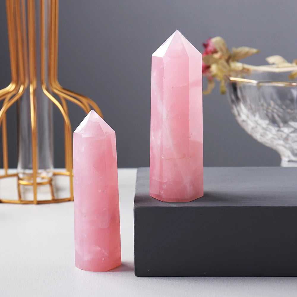 Natural Pink Crystal Point Rose Quartz Crystal hexagonal prism ornament magic wand Healing Gemstone Crystal Tower Badiee Stylez