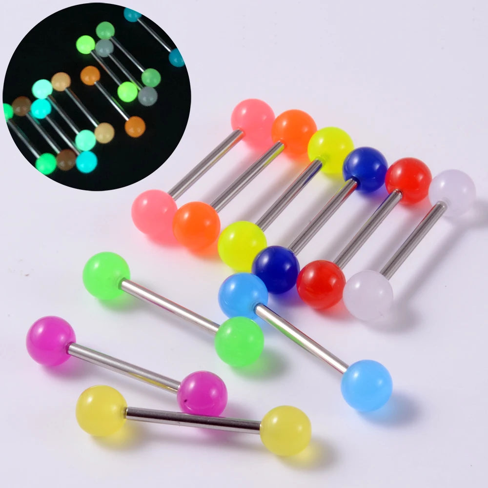 10/14pcs/Set Luminous Surgical Steel Tongue BCR Navel Belly Ring Acrylic Glow in the Dark Ball Labret Stud Body Piercing Jewelry