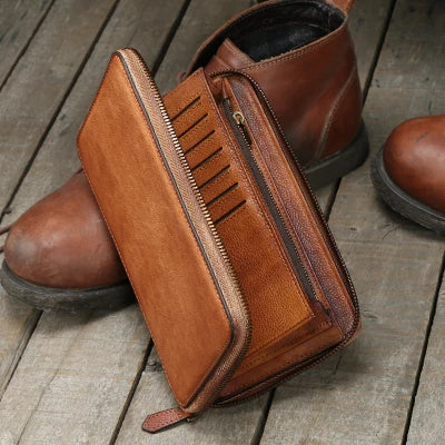 Vintage Genuine leather wallet Men leather long wallet men purse clutch bag male money clips zip around money bag card holder Style1 Brown