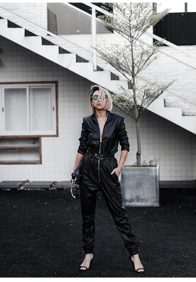 Nerazzurri Autumn Black Soft Faux Leather Cargo Jumpsuit Women Long Sleeve Zipper Luxury Designer Clothes 5xl 6xl 7xl Badiee Stylez