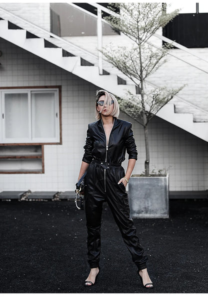Nerazzurri Autumn Black Soft Faux Leather Cargo Jumpsuit Women Long Sleeve Zipper Luxury Designer Clothes 5xl 6xl 7xl Badiee Stylez