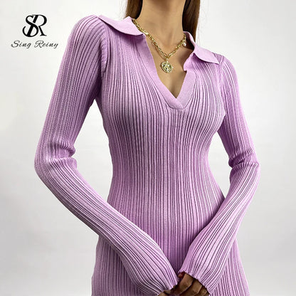 SINGREINY Women Korean Knitted Dress Long Sleeve V Neck Elastic Slim Pencil Dresses 2021 Autumn Sexy Bodycon Split Sweater Dress