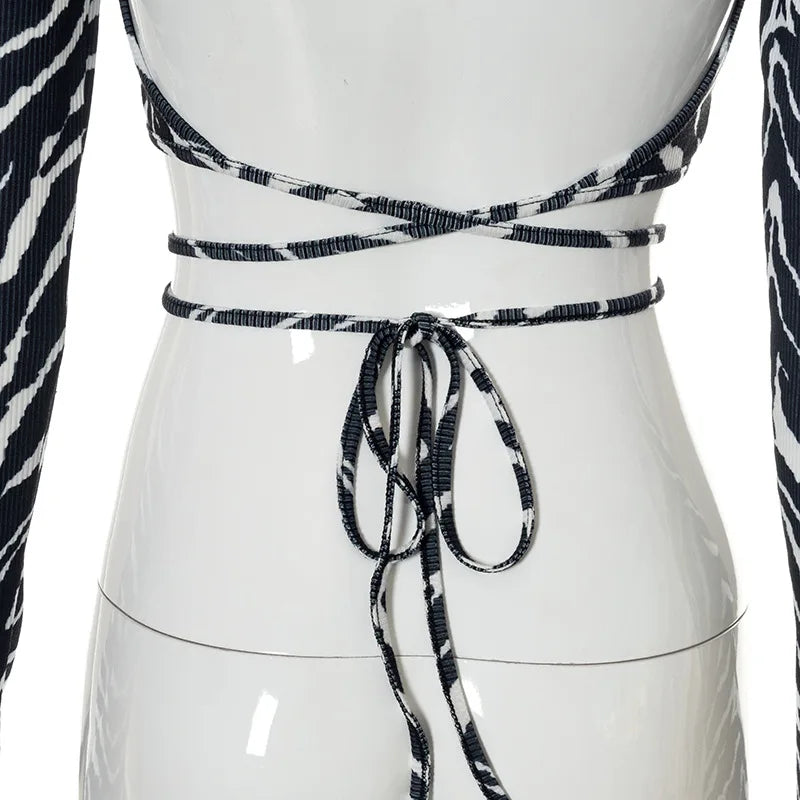 Sexy Backless Lace ups Pullover Tees Women Autumn Black O-neck Slim Longsleeve Short T-Shirt