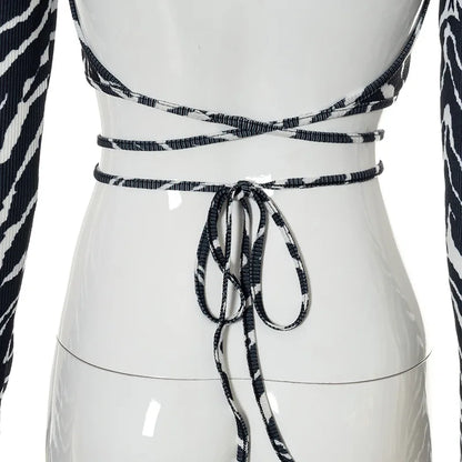 Sexy Backless Lace ups Pullover Tees Women Autumn Black O-neck Slim Longsleeve Short T-Shirt