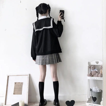 Deeptown Kawaii Zip Up Hoodies Black Japanese Preppy Style Sailor Collar Sweatshirts Sweet Lolita Coats Loose Cute Top Soft Girl