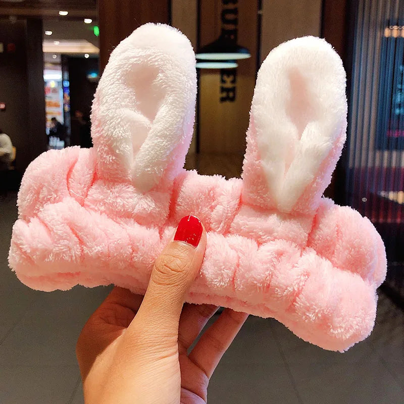 Wash Face Hair Holder Hairbands Soft Warm Coral Fleece Bow Animal Ears Headband For Women Girls Turban Fashion Hair Accessories pink rabbit ears