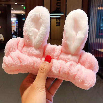Wash Face Hair Holder Hairbands Soft Warm Coral Fleece Bow Animal Ears Headband For Women Girls Turban Fashion Hair Accessories pink rabbit ears