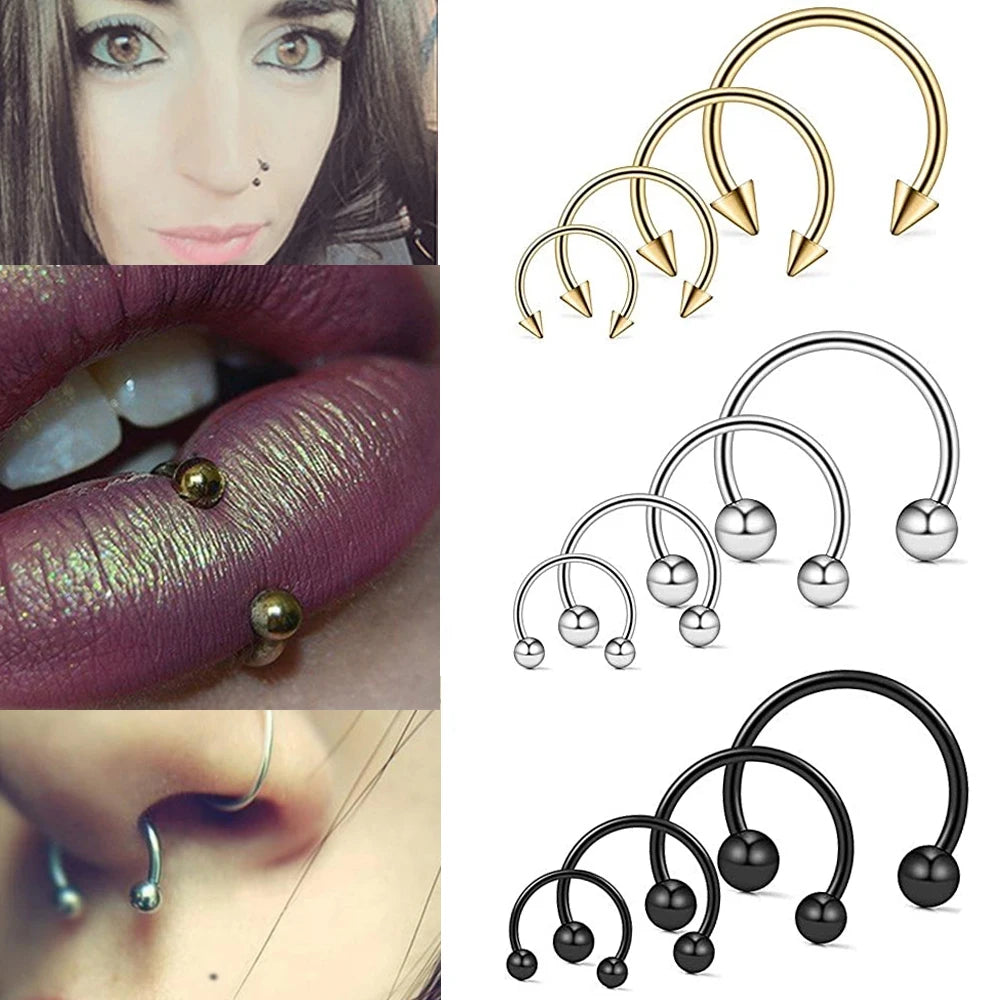 2pcs Stainless Steel Nose Hoop Ring Septum Rings Lip Studs Nostril Earrings Circular Tragus Ear Piercing Horseshoe Body Jewelry Badiee Stylez