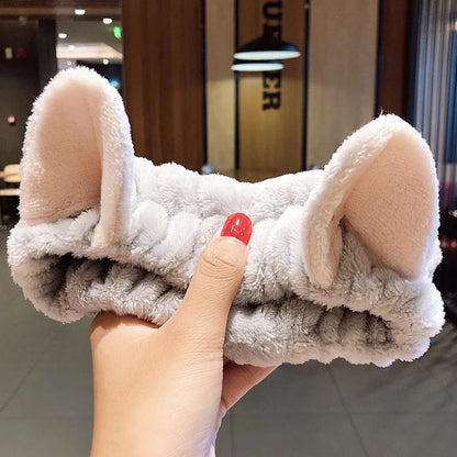 Wash Face Hair Holder Hairbands Soft Warm Coral Fleece Bow Animal Ears Headband For Women Girls Turban Fashion Hair Accessories gray cat ears