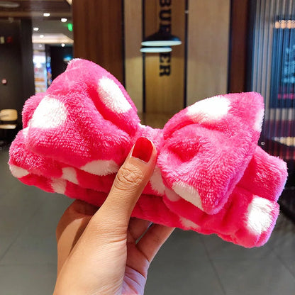 Wash Face Hair Holder Hairbands Soft Warm Coral Fleece Bow Animal Ears Headband For Women Girls Turban Fashion Hair Accessories rose red dot