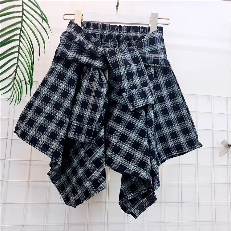 TOTRUST Fashion College Asymmetrical Skirt Women Summer Plaid Skirt Women Casual Students Fake Shirt Mini Skirt Female Saia