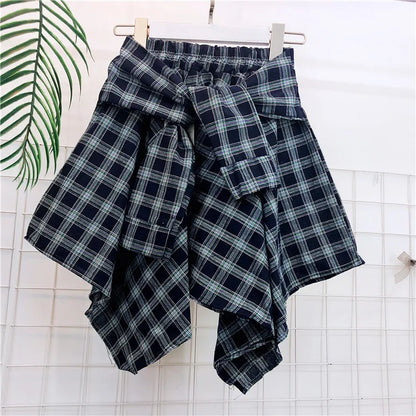 TOTRUST Fashion College Asymmetrical Skirt Women Summer Plaid Skirt Women Casual Students Fake Shirt Mini Skirt Female Saia