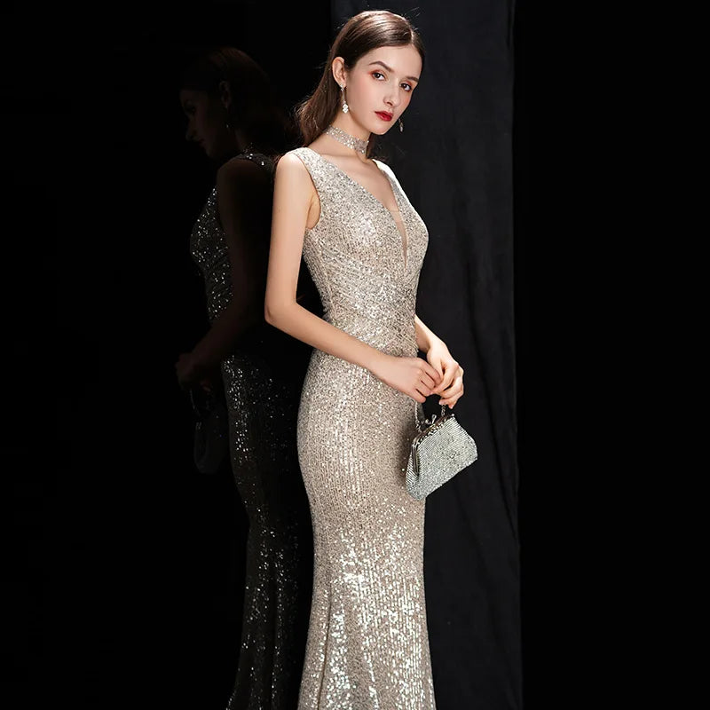 DEERVEADO Elegant V Neck Sequin Evening Dress Long 2025 New Women Mermaid Formal Dress Party Gown Bodycon Maxi Prom Dress Badiee Stylez
