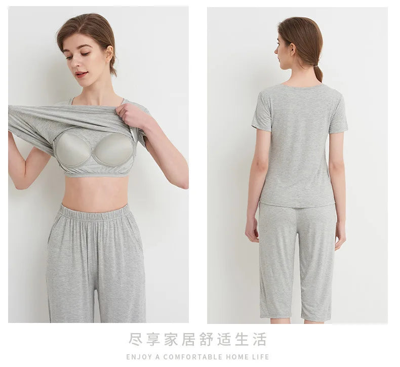 2025 summer new ladies modal pajamas two-piece suit with chest pad short-sleeved cropped trousers plus size home service set