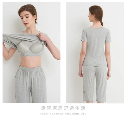 2025 summer new ladies modal pajamas two-piece suit with chest pad short-sleeved cropped trousers plus size home service set