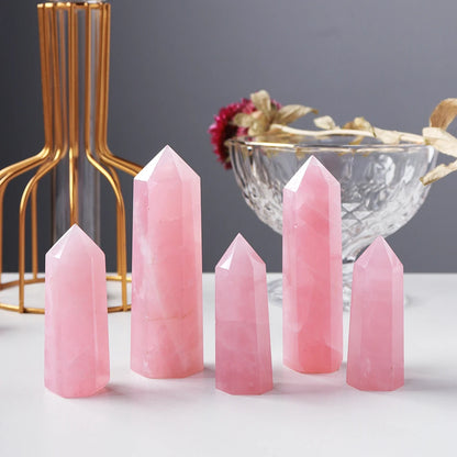 Natural Pink Crystal Point Rose Quartz Crystal hexagonal prism ornament magic wand Healing Gemstone Crystal Tower Badiee Stylez
