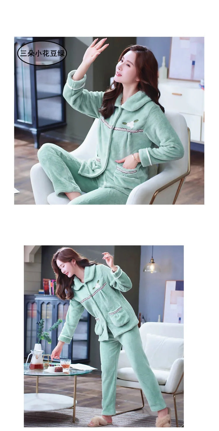 Autumn Winter Thicken Flannel Women Pajamas Set Two-piece suit Warm Loose Long-sleeve Female Casual Home service Single-breasted