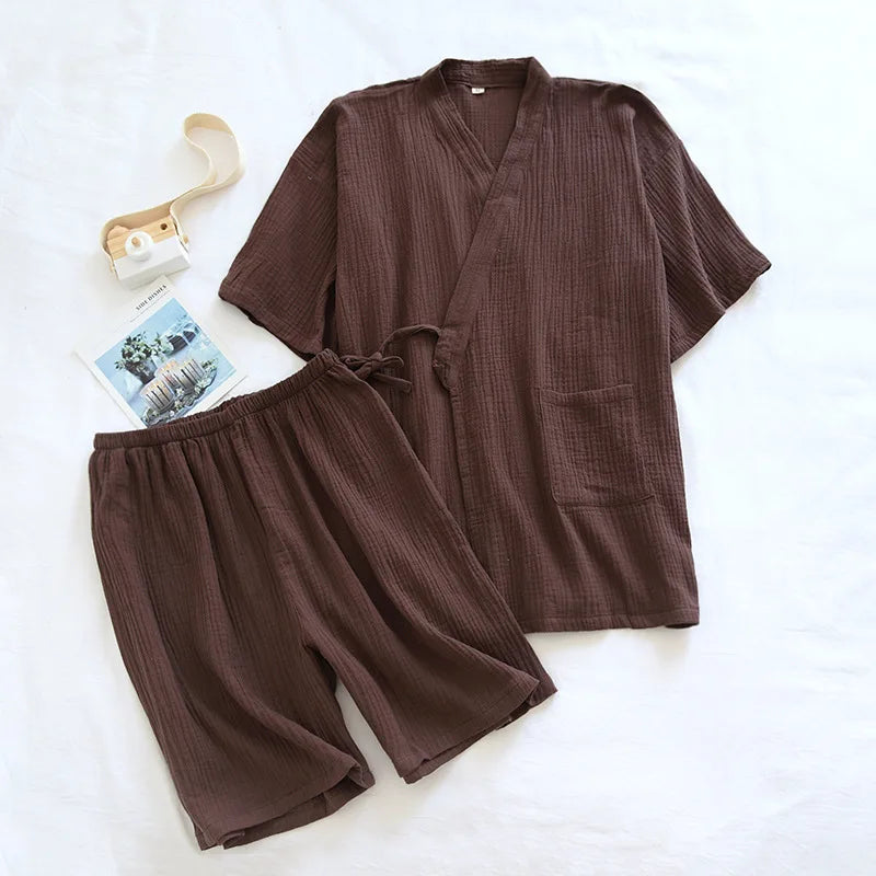 Summer Japanese Couples Pajamas Thin Cotton Gauze Crepe Short Sleeve Shorts Kimono Men and Women Home Clothes 2 Piece Sleepwear Men brown