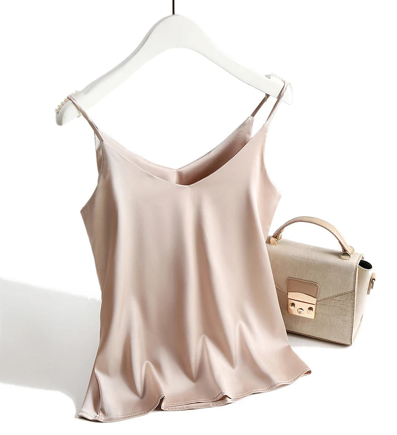 Spaghetti Strap Top Women Halter V Neck Basic White Cami Sleeveless Satin Silk Tank Tops Women'S Summer 2025 Camisole