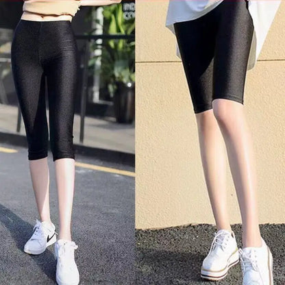 lady summer short pants women solid black shine breathable above knee short capris korean skinny neon pant