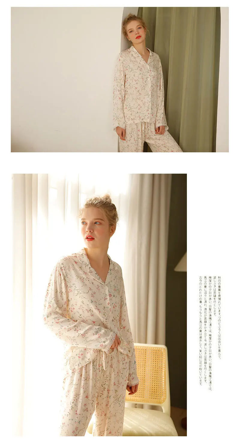 Pre-sale 2024 Spring Satin Pajamas Long Sleeve Viscose Sleepwear Willow Leaf Print Lounge Wear Two Piece Pijama Set Pijama Mujer