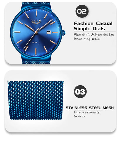 LIGE Fashion Luxury Womens Watch Ultra-thin Steel Mesh Strap Quartz Wristwatch Women Clock Casual Waterproof Watches Reloj Mujer