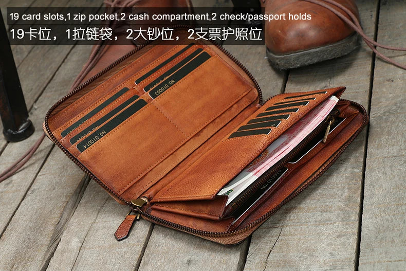 Vintage Genuine leather wallet Men leather long wallet men purse clutch bag male money clips zip around money bag card holder