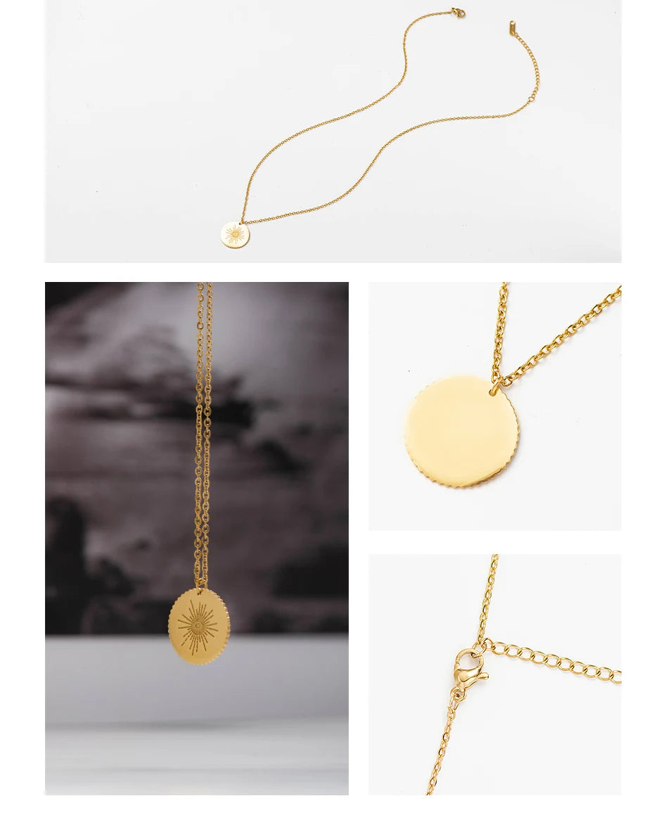 Gold Plated New Women Stainless Steel Necklace Round Disc Pendant With Eyes Pattern Clavicle Necklace Wedding Jewelry Wholesale