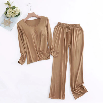 Pijama Feminino New Long Sleeve Trousers Set Modal Cotton Sleepwear Women Casual Bra Padded Winter Underwear Suit Female camel