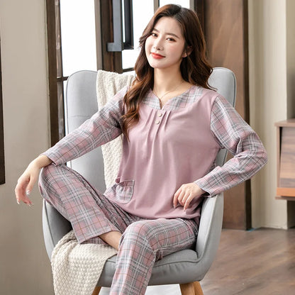 Big yards M-4XL v-neck long sleeve pajamas set for women floral print nightwear autumn cotton sleepwear nightie female pyjama TM8429