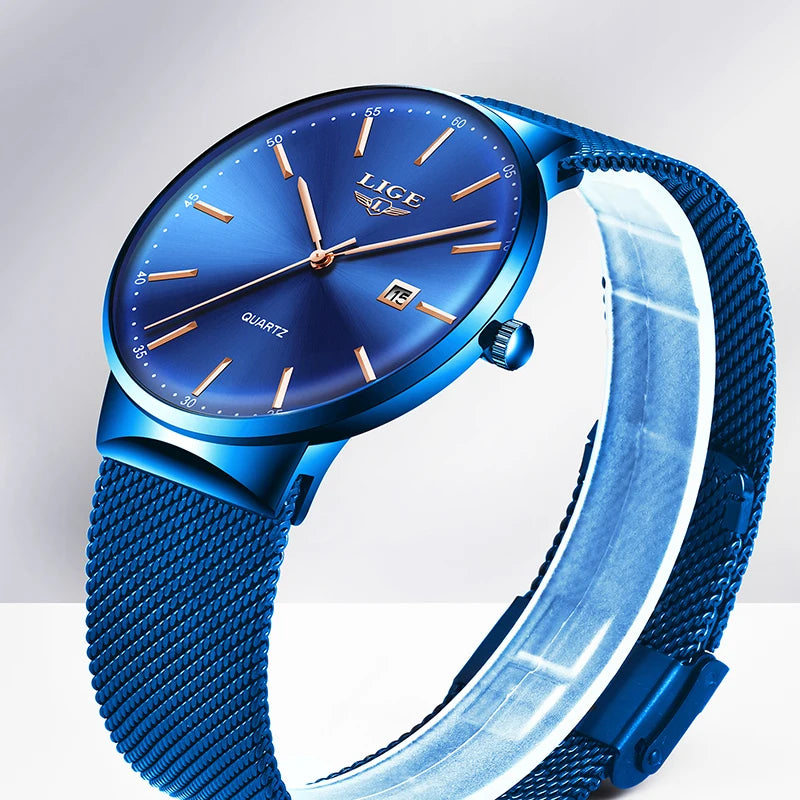 LIGE Fashion Luxury Womens Watch Ultra-thin Steel Mesh Strap Quartz Wristwatch Women Clock Casual Waterproof Watches Reloj Mujer