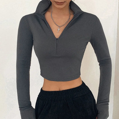 solid color casual T-shirt women long sleeves turtleneck crop tops sexy simple style party club 2022 spring summer new