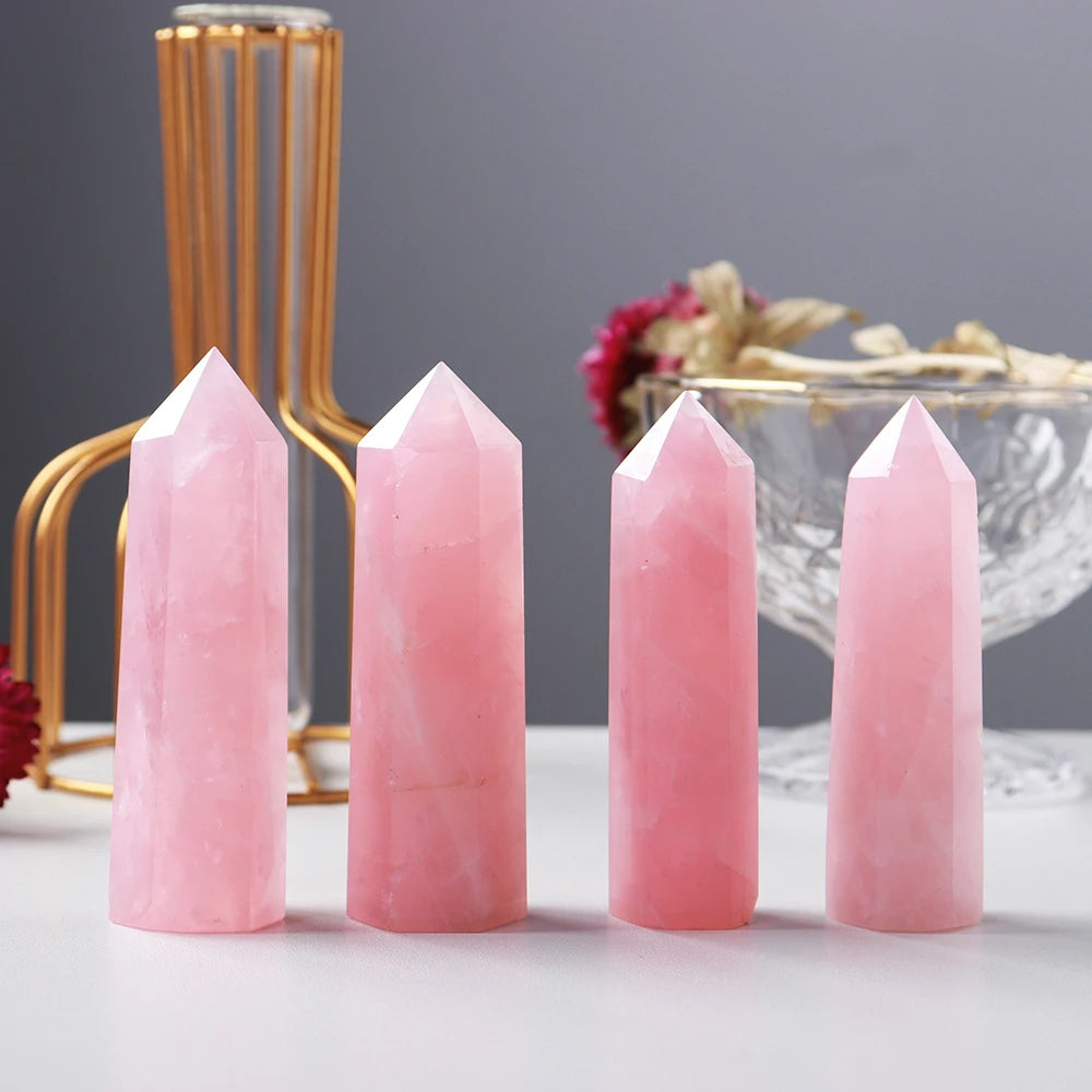 Natural Pink Crystal Point Rose Quartz Crystal hexagonal prism ornament magic wand Healing Gemstone Crystal Tower Badiee Stylez