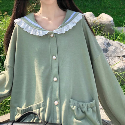 Autumn Sweet Women Hoodies Loose Hooded Sailor Collar Cute Lace Patchwork Female Zip Up Hoodies 2025 NEW