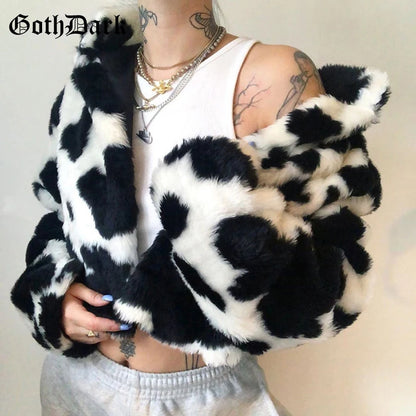 Goth Dark Punk Style Gothic Crop Faux Fur Y2k Coats Fashion Color Block Long Sleeve Women Cardigan Jackets Warm Streetwear 2023